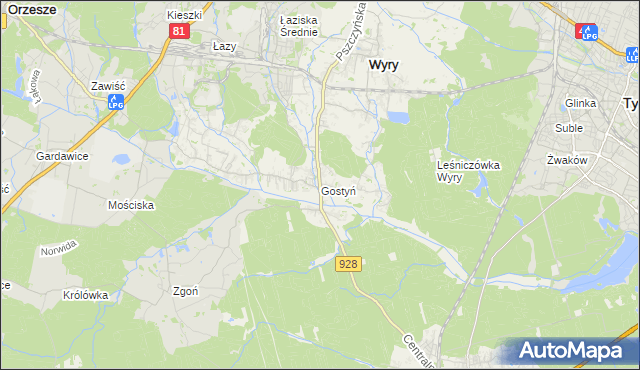 mapa Gostyń gmina Wyry, Gostyń gmina Wyry na mapie Targeo