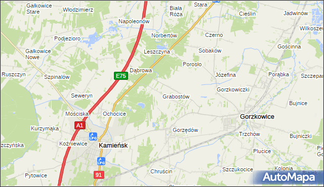 mapa Grabostów gmina Gorzkowice, Grabostów gmina Gorzkowice na mapie Targeo