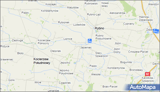 mapa Jasieniec gmina Rybno, Jasieniec gmina Rybno na mapie Targeo