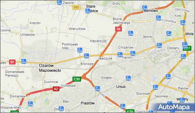 mapa Jawczyce gmina Ożarów Mazowiecki, Jawczyce gmina Ożarów Mazowiecki na mapie Targeo
