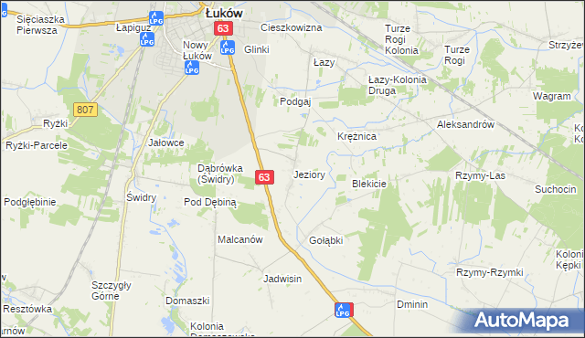 mapa Jeziory gmina Łuków, Jeziory gmina Łuków na mapie Targeo