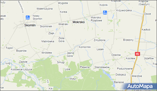 mapa Komorniki gmina Mokrsko, Komorniki gmina Mokrsko na mapie Targeo