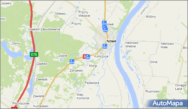 mapa Kończyce gmina Nowe, Kończyce gmina Nowe na mapie Targeo