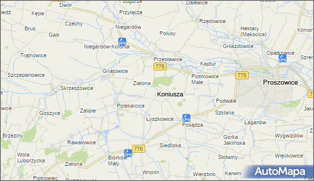 mapa Koniusza powiat proszowicki, Koniusza powiat proszowicki na mapie Targeo