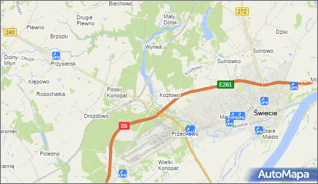 mapa Kozłowo gmina Świecie, Kozłowo gmina Świecie na mapie Targeo