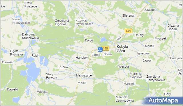 mapa Ligota gmina Kobyla Góra, Ligota gmina Kobyla Góra na mapie Targeo