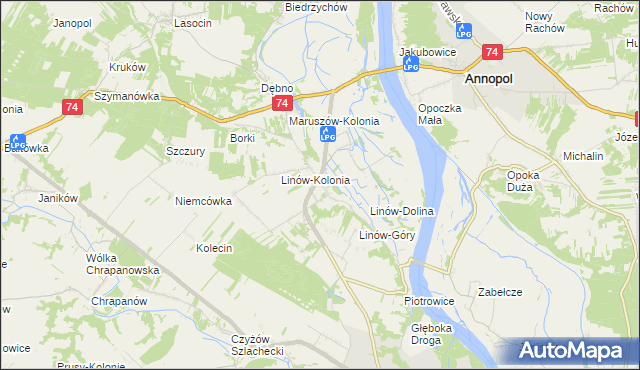 mapa Linów gmina Zawichost, Linów gmina Zawichost na mapie Targeo