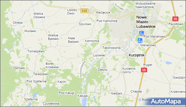 mapa Lipowiec gmina Kurzętnik, Lipowiec gmina Kurzętnik na mapie Targeo