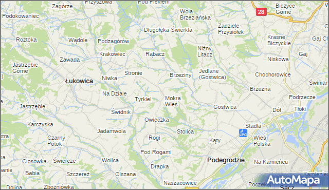 mapa Mokra Wieś gmina Podegrodzie, Mokra Wieś gmina Podegrodzie na mapie Targeo