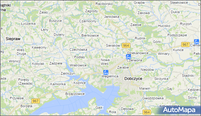 mapa Nowa Wieś gmina Dobczyce, Nowa Wieś gmina Dobczyce na mapie Targeo