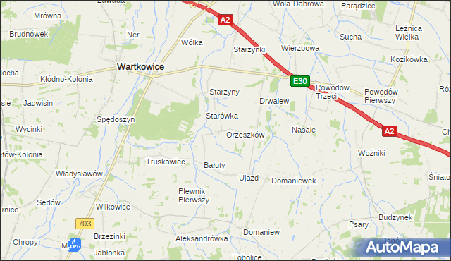 mapa Orzeszków gmina Wartkowice, Orzeszków gmina Wartkowice na mapie Targeo