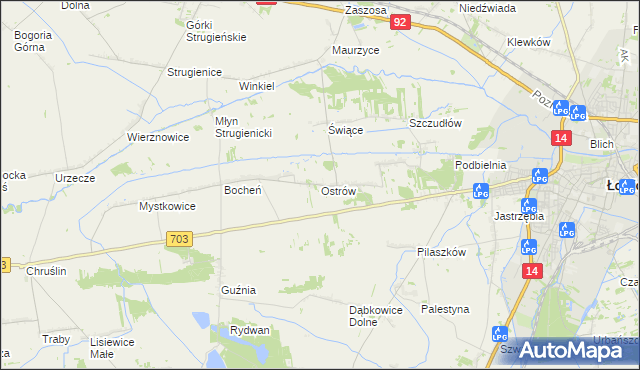 mapa Ostrów gmina Łowicz, Ostrów gmina Łowicz na mapie Targeo