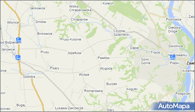 mapa Pawłów gmina Zawichost, Pawłów gmina Zawichost na mapie Targeo