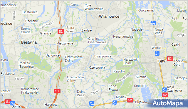 mapa Pisarzowice gmina Wilamowice, Pisarzowice gmina Wilamowice na mapie Targeo