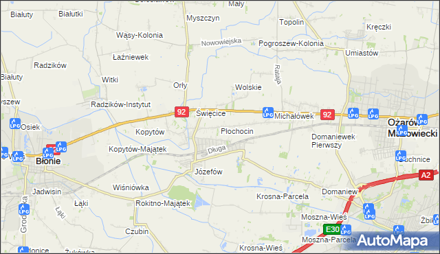 mapa Płochocin gmina Ożarów Mazowiecki, Płochocin gmina Ożarów Mazowiecki na mapie Targeo