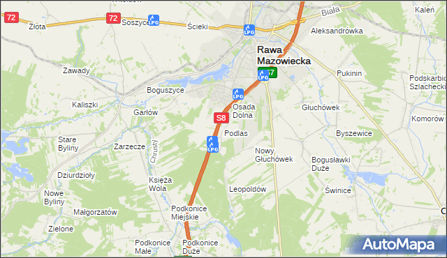 mapa Podlas gmina Rawa Mazowiecka, Podlas gmina Rawa Mazowiecka na mapie Targeo