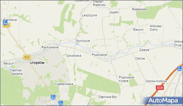 mapa Popkowice gmina Urzędów, Popkowice gmina Urzędów na mapie Targeo
