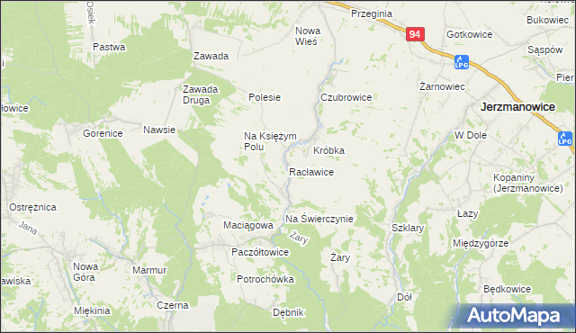 mapa Racławice gmina Jerzmanowice-Przeginia, Racławice gmina Jerzmanowice-Przeginia na mapie Targeo