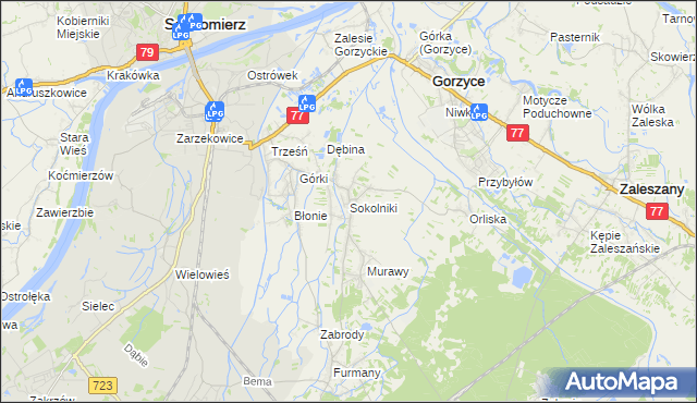 mapa Sokolniki gmina Gorzyce, Sokolniki gmina Gorzyce na mapie Targeo