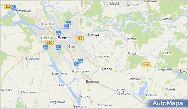 mapa Sosnowiec gmina Śrem, Sosnowiec gmina Śrem na mapie Targeo