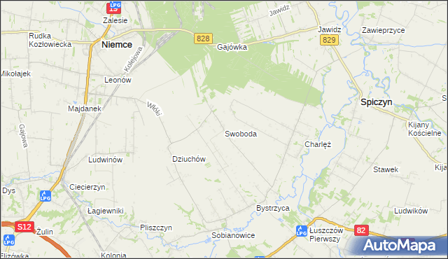 mapa Swoboda gmina Niemce, Swoboda gmina Niemce na mapie Targeo