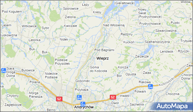 mapa Wieprz powiat wadowicki, Wieprz powiat wadowicki na mapie Targeo