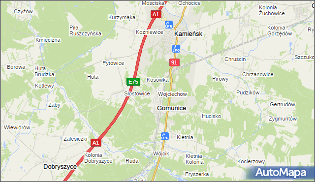 mapa Wojciechów gmina Gomunice, Wojciechów gmina Gomunice na mapie Targeo