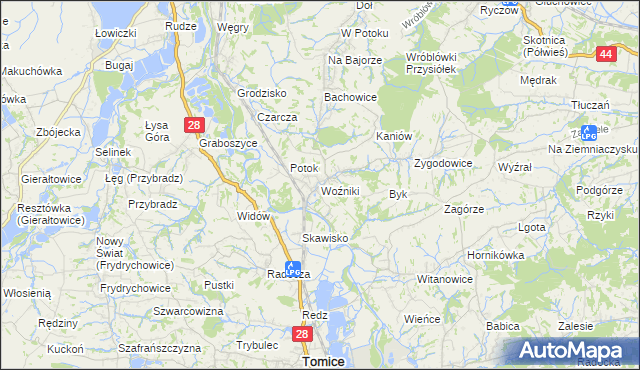 mapa Woźniki gmina Tomice, Woźniki gmina Tomice na mapie Targeo