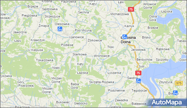 mapa Wronowice gmina Łososina Dolna, Wronowice gmina Łososina Dolna na mapie Targeo