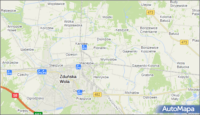 mapa Wymysłów gmina Zduńska Wola, Wymysłów gmina Zduńska Wola na mapie Targeo