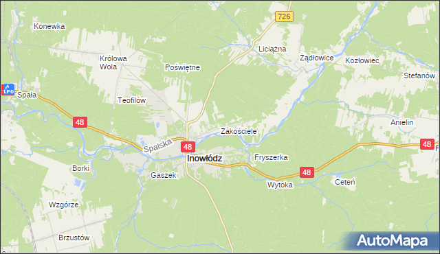 mapa Zakościele gmina Inowłódz, Zakościele gmina Inowłódz na mapie Targeo