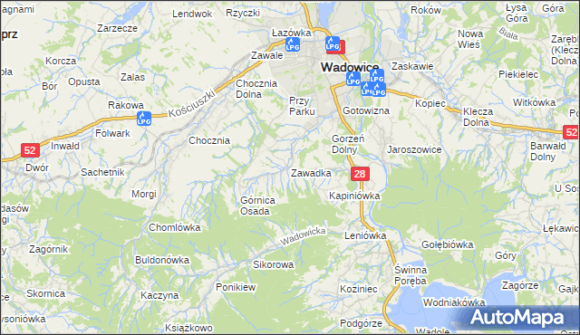 mapa Zawadka gmina Wadowice, Zawadka gmina Wadowice na mapie Targeo