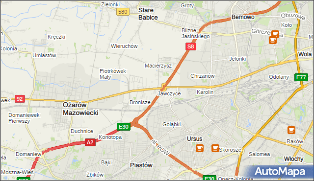 mapa Jawczyce gmina Ożarów Mazowiecki, Jawczyce gmina Ożarów Mazowiecki na mapie Targeo