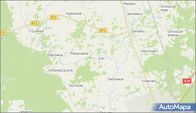 mapa Żuki gmina Sokółka, Żuki gmina Sokółka na mapie Targeo