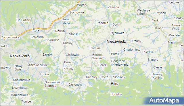 mapa Poręba Wielka gmina Niedźwiedź, Poręba Wielka gmina Niedźwiedź na mapie Targeo