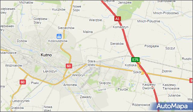 mapa Bielawki gmina Kutno, Bielawki gmina Kutno na mapie Targeo