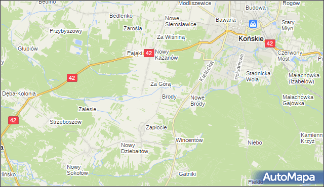 mapa Brody gmina Końskie, Brody gmina Końskie na mapie Targeo