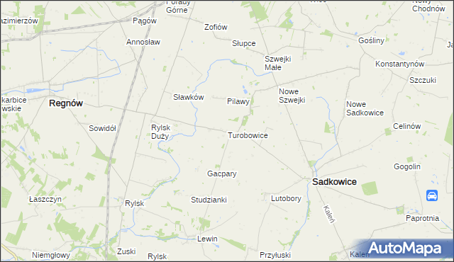 mapa Turobowice gmina Sadkowice, Turobowice gmina Sadkowice na mapie Targeo