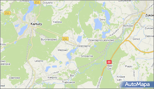 mapa Dzierżążno gmina Kartuzy, Dzierżążno gmina Kartuzy na mapie Targeo