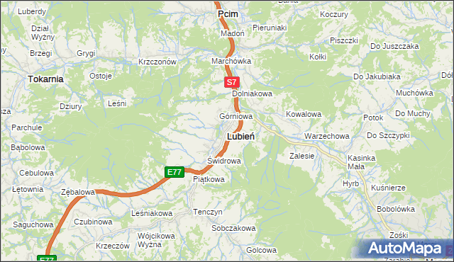 mapa Lubień powiat myślenicki, Lubień powiat myślenicki na mapie Targeo