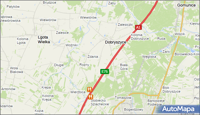 mapa Galonki gmina Dobryszyce, Galonki gmina Dobryszyce na mapie Targeo