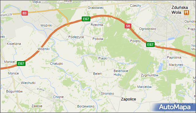 mapa Piaski gmina Zduńska Wola, Piaski gmina Zduńska Wola na mapie Targeo