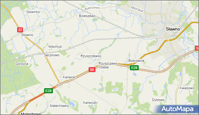 mapa Rzyszczewo gmina Sławno, Rzyszczewo gmina Sławno na mapie Targeo