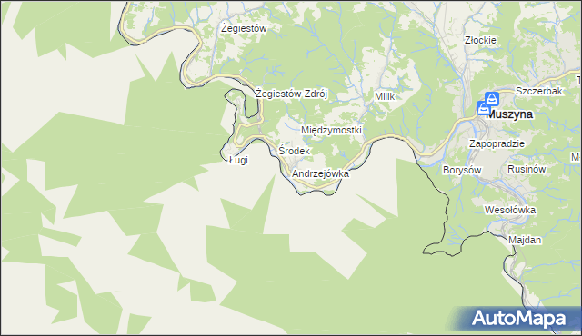 mapa Andrzejówka gmina Muszyna, Andrzejówka gmina Muszyna na mapie Targeo