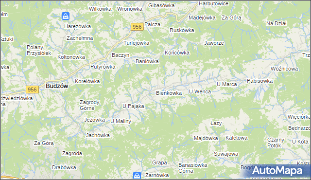 mapa Bieńkówka gmina Budzów, Bieńkówka gmina Budzów na mapie Targeo