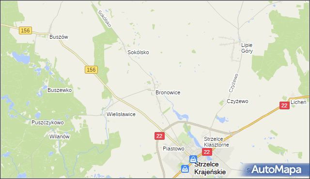 mapa Bronowice gmina Strzelce Krajeńskie, Bronowice gmina Strzelce Krajeńskie na mapie Targeo