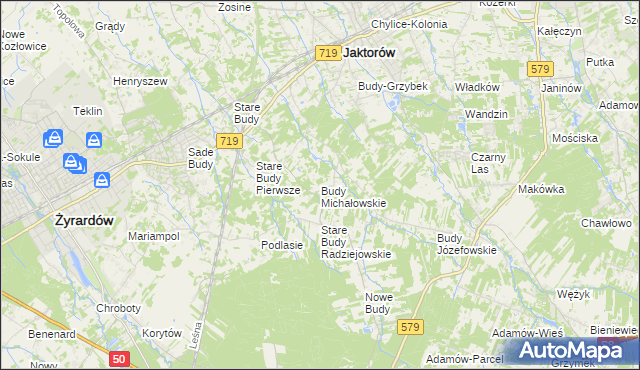 mapa Budy Michałowskie gmina Jaktorów, Budy Michałowskie gmina Jaktorów na mapie Targeo