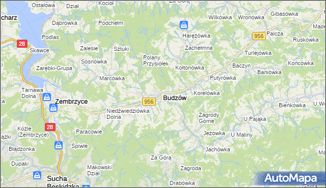 mapa Budzów powiat suski, Budzów powiat suski na mapie Targeo