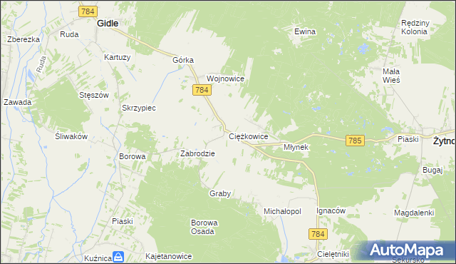 mapa Ciężkowice gmina Gidle, Ciężkowice gmina Gidle na mapie Targeo