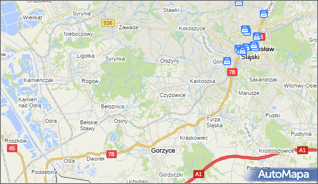 mapa Czyżowice gmina Gorzyce, Czyżowice gmina Gorzyce na mapie Targeo